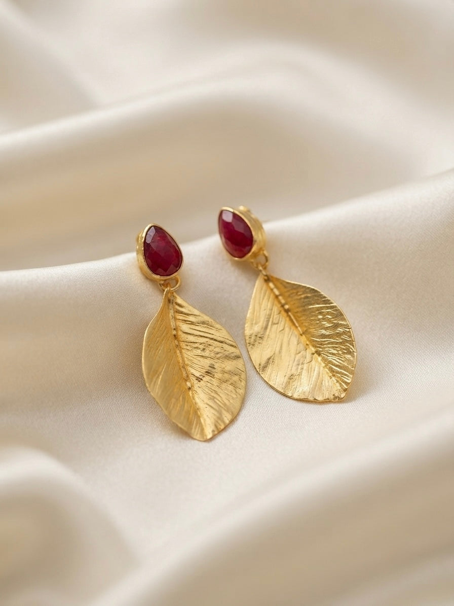 Crimson Leaf — Boucles d'Oreilles Feuille Agate Rouge OREPLINE