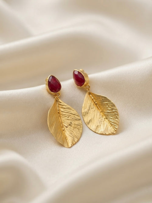 Crimson Leaf — Boucles d'Oreilles Feuille Agate Rouge OREPLINE