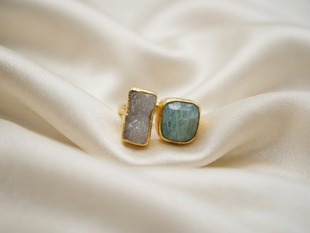 Nexus — Bague Double Pierre Quartz Blanc et Agate Verte OREPLINE