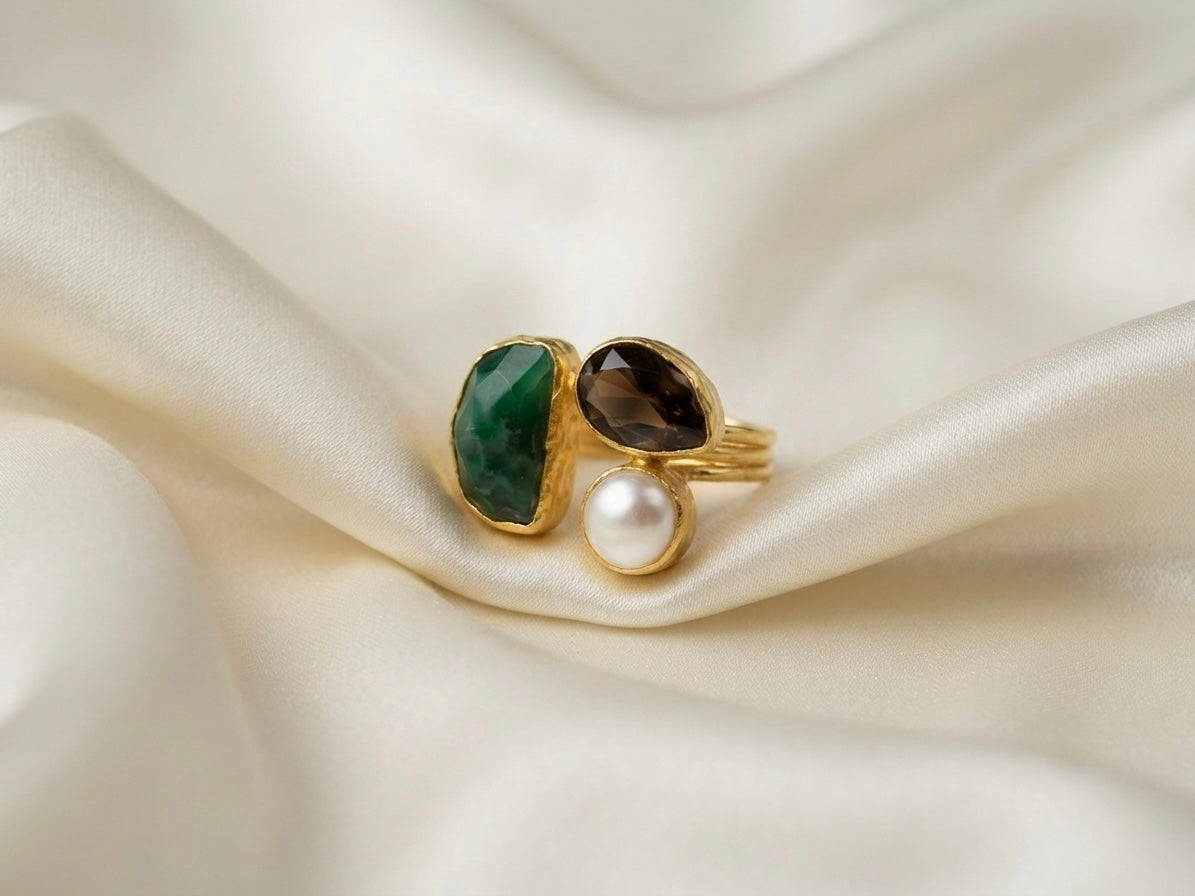 Trinitas I — Bague Triple Pierre Quartz Fumé Agate Verte Perle OREPLINE