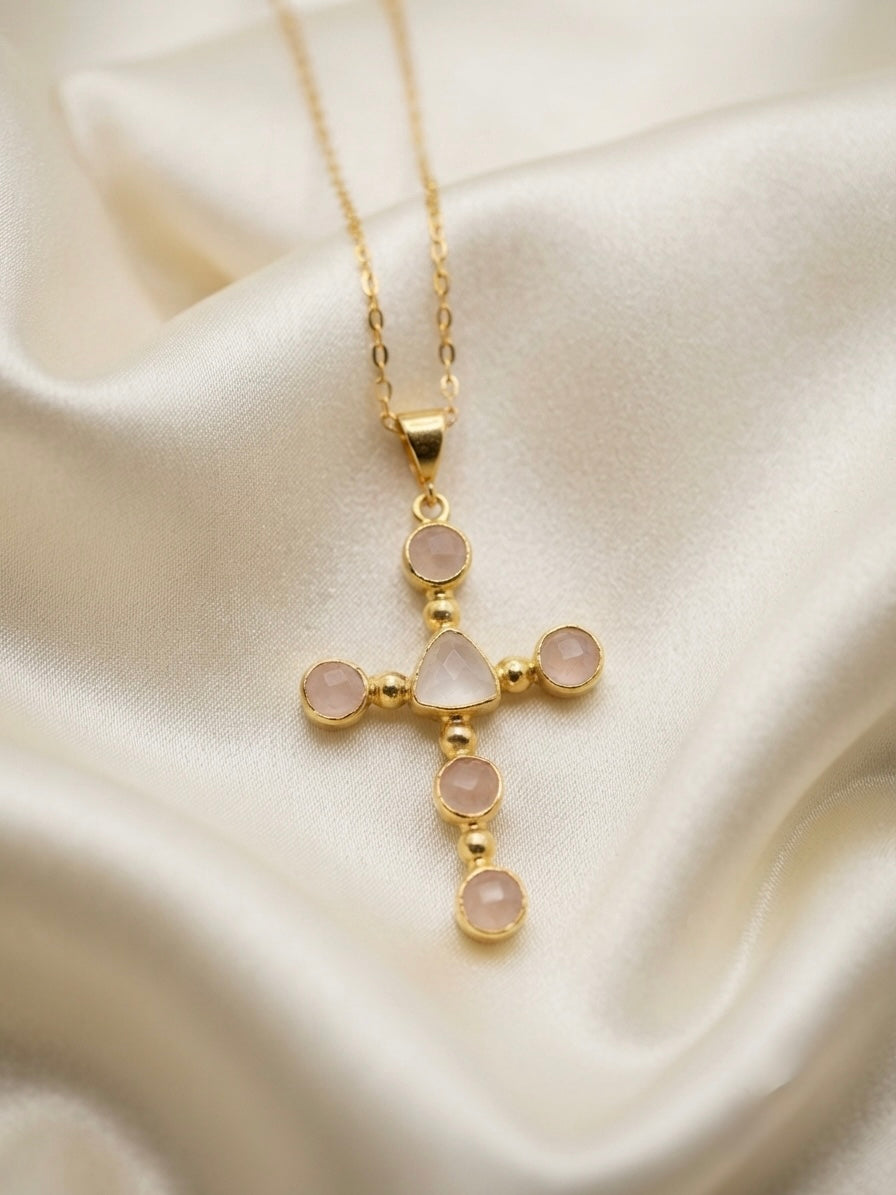 Blush — Collier Croix Quartz Rose et Quartz Blanc OREPLINE