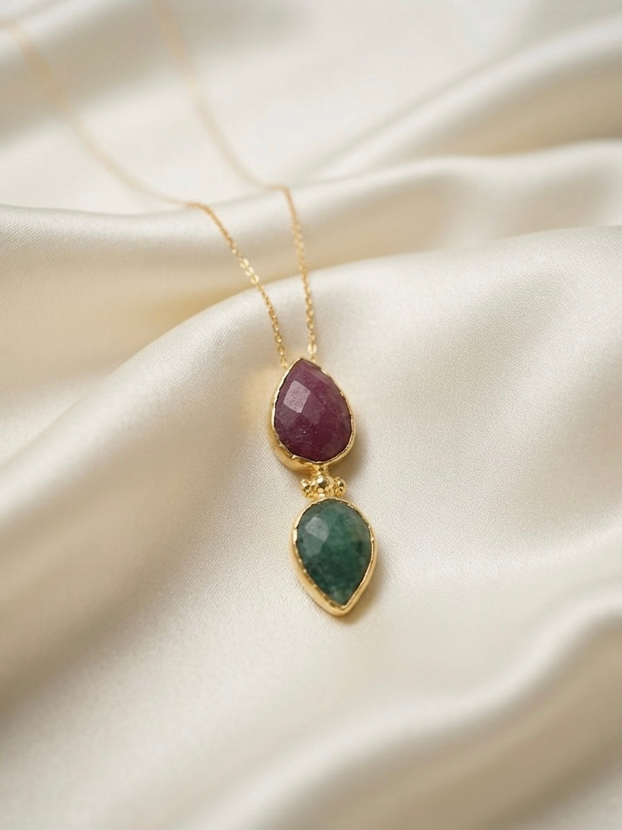 Diade — Collier Deux Pierres Agate Rouge et Verte OREPLINE