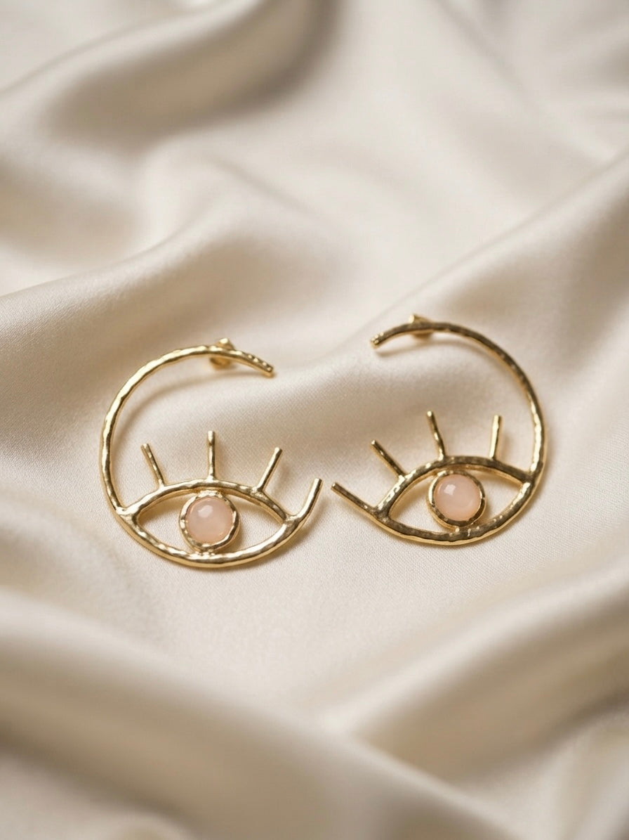 Visio — Boucles d’Oreilles Œil Doré Quartz Rose OREPLINE