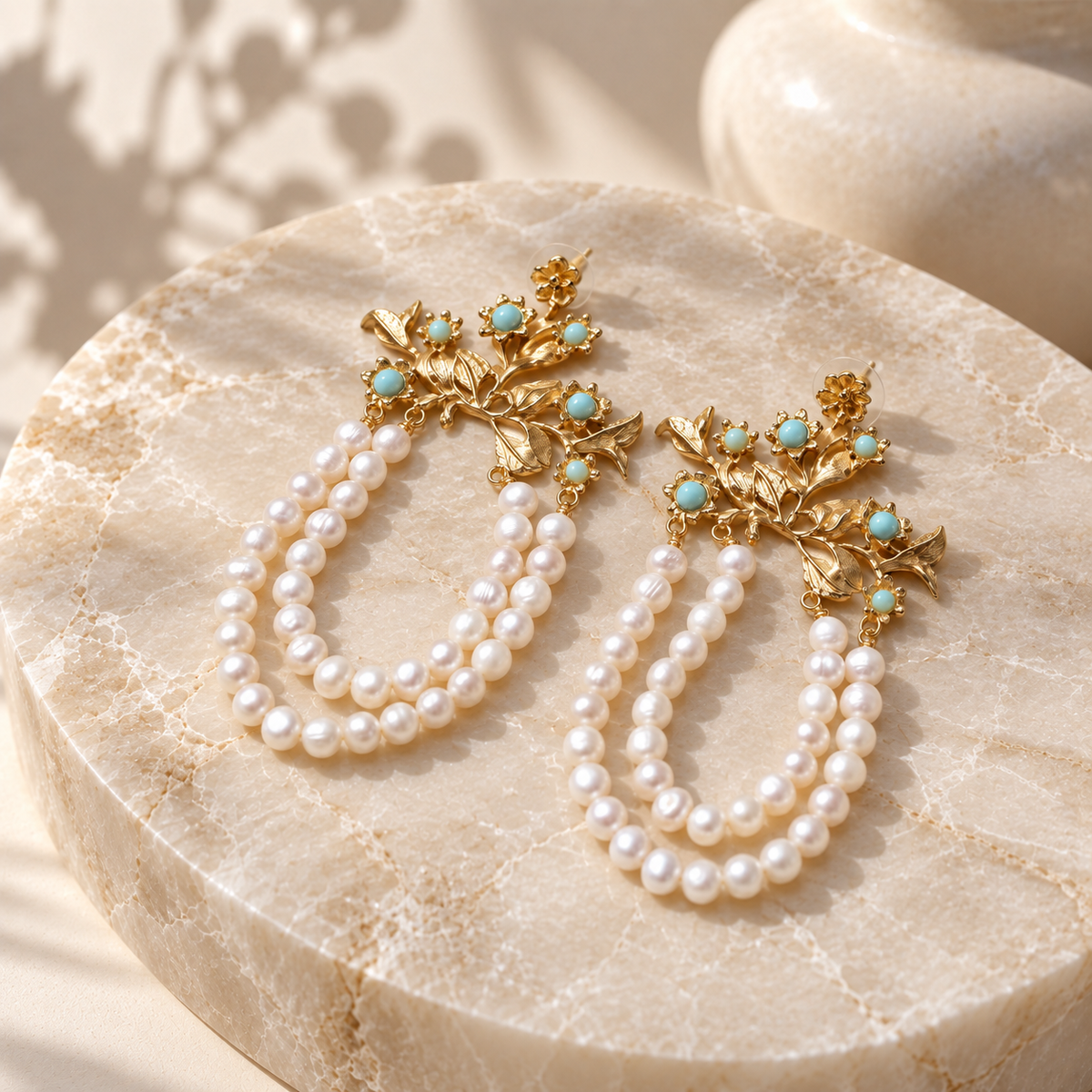 Hera — Turquoise and Pearl Crown Earrings