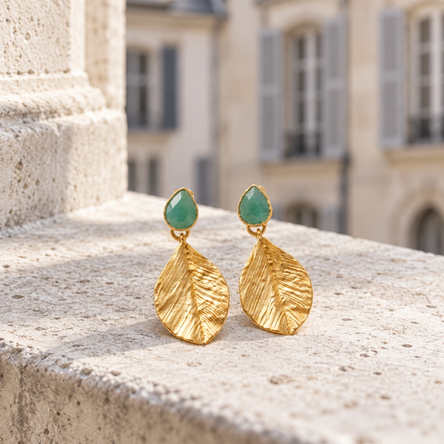 Crimson Leaf — Boucles d'Oreilles Feuille & Pierre Naturelle