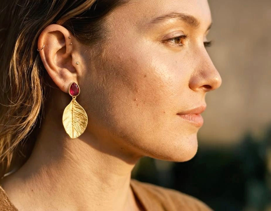 Crimson Leaf — Leaf & Natural Stone Earrings